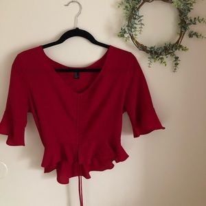 Red Cropped Ruffle and Ruched Blouse
